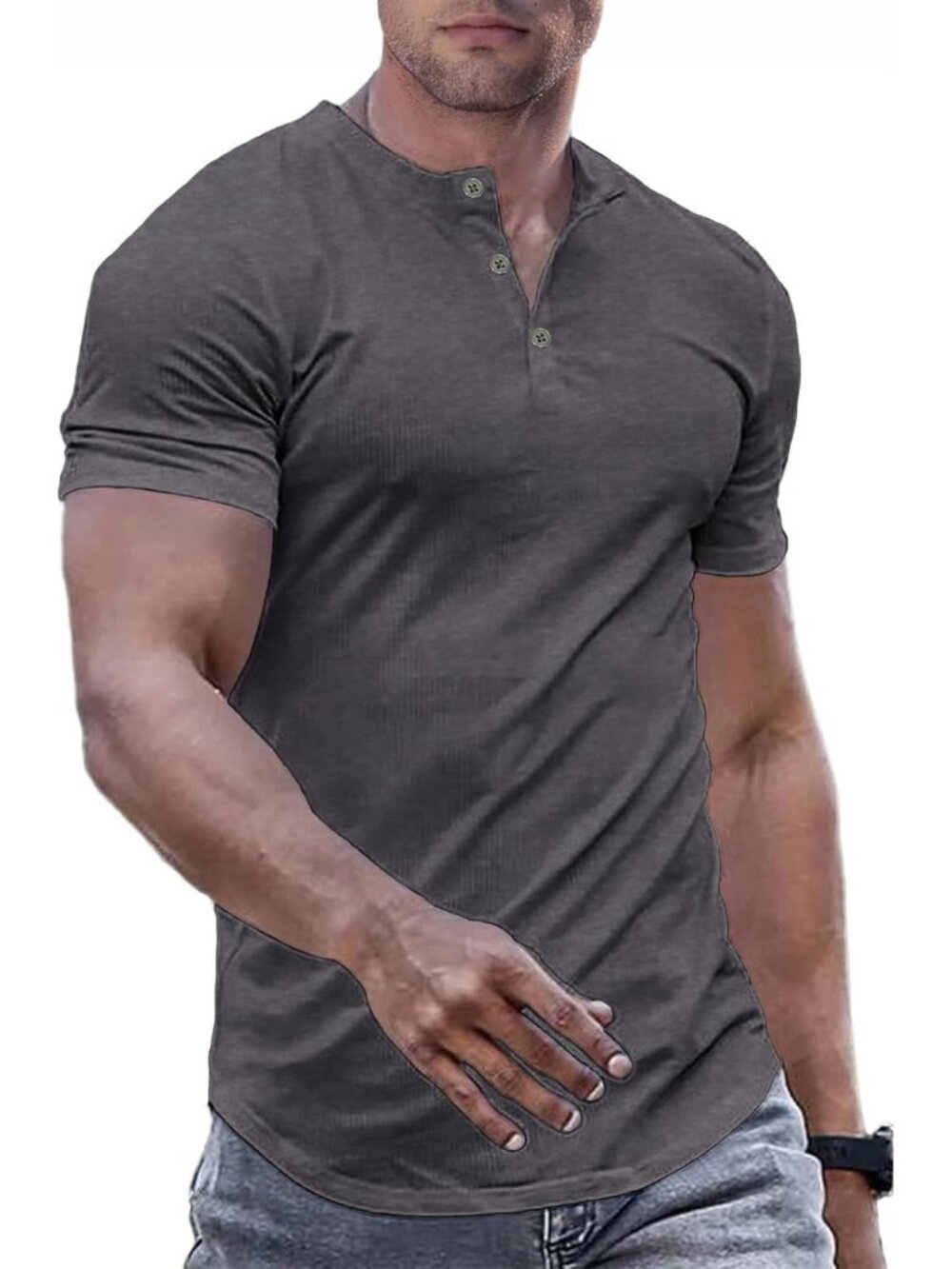 Men's Grey Muscle Slim Henley Crewneck Longline Athletic Button Tees Shirts